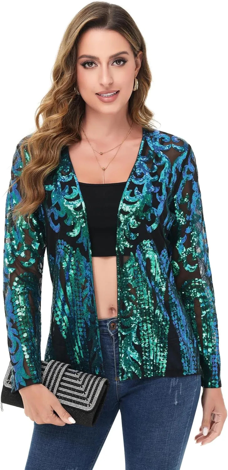 Anna-Kaci Women's Sparkly Sequin Cardigan Long Sleeve Open Front Glitter Party Evening Jacket