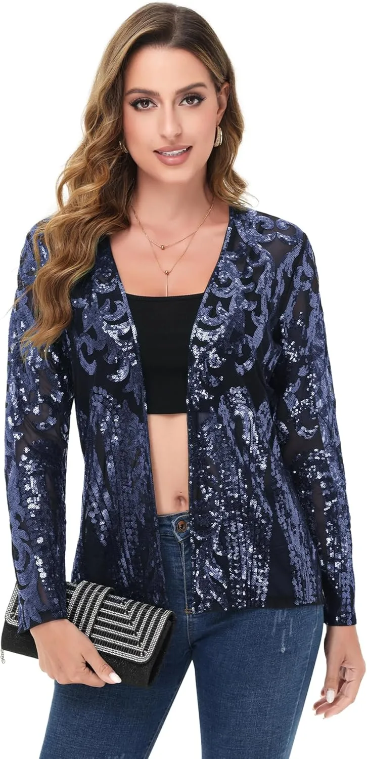 Anna-Kaci Women's Sparkly Sequin Cardigan Long Sleeve Open Front Glitter Party Evening Jacket