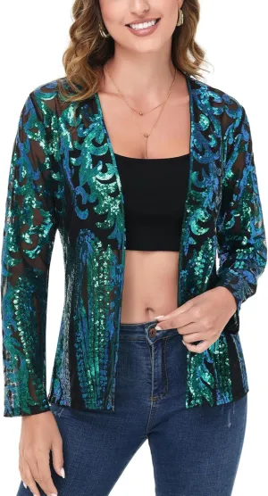 Anna-Kaci Women's Sparkly Sequin Cardigan Long Sleeve Open Front Glitter Party Evening Jacket