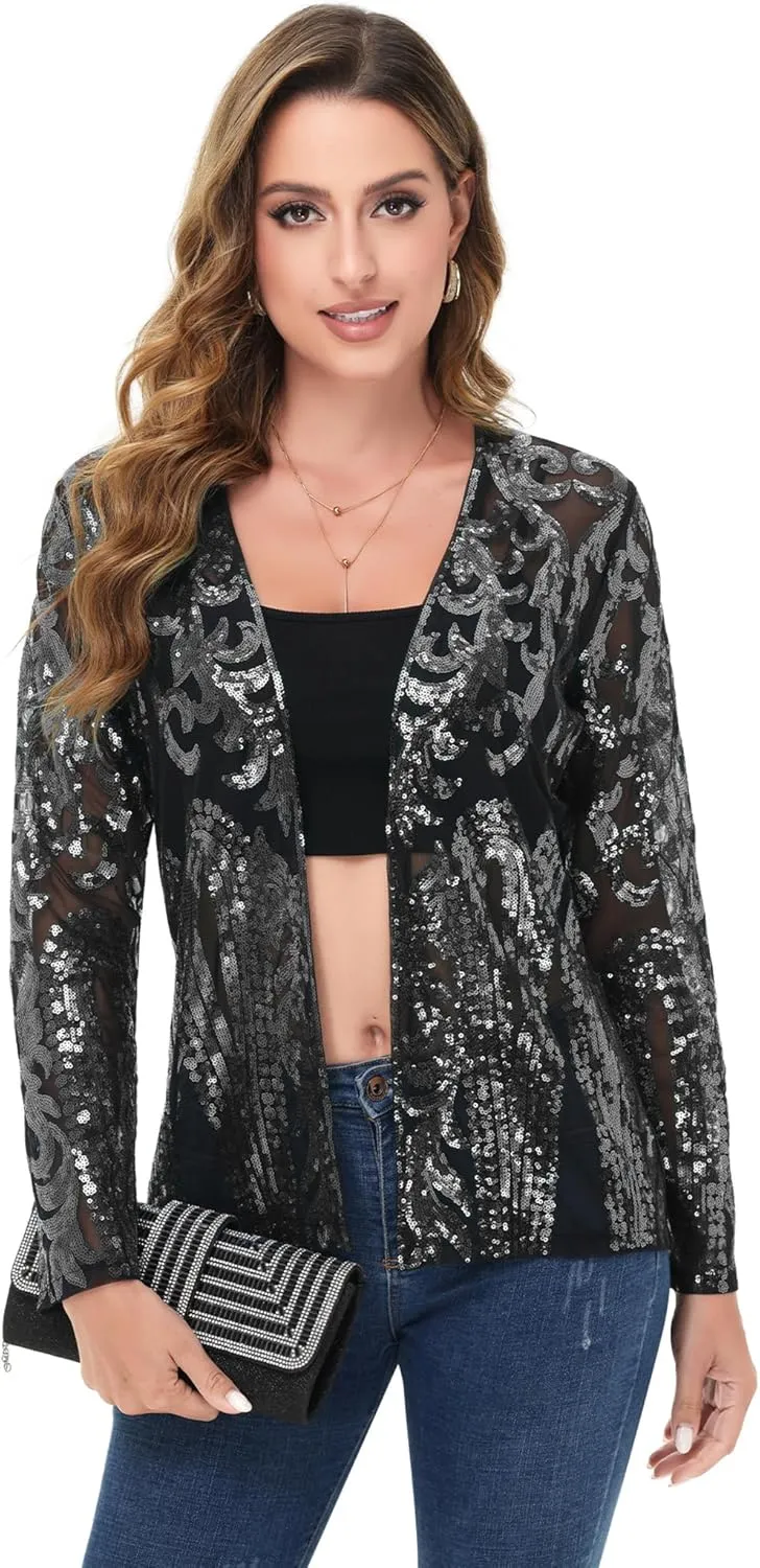 Anna-Kaci Women's Sparkly Sequin Cardigan Long Sleeve Open Front Glitter Party Evening Jacket