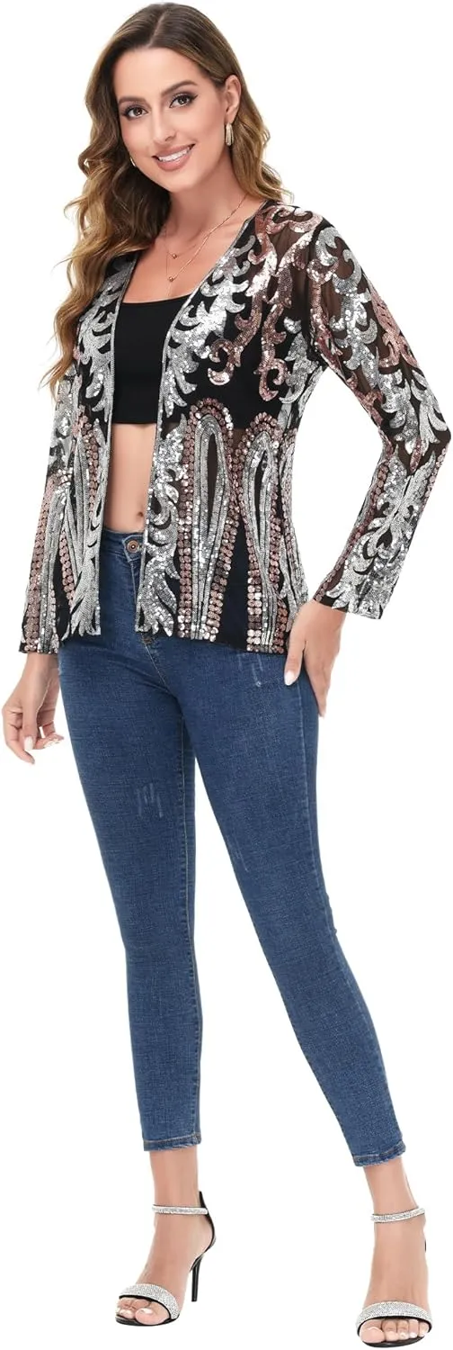 Anna-Kaci Women's Sparkly Sequin Cardigan Long Sleeve Open Front Glitter Party Evening Jacket