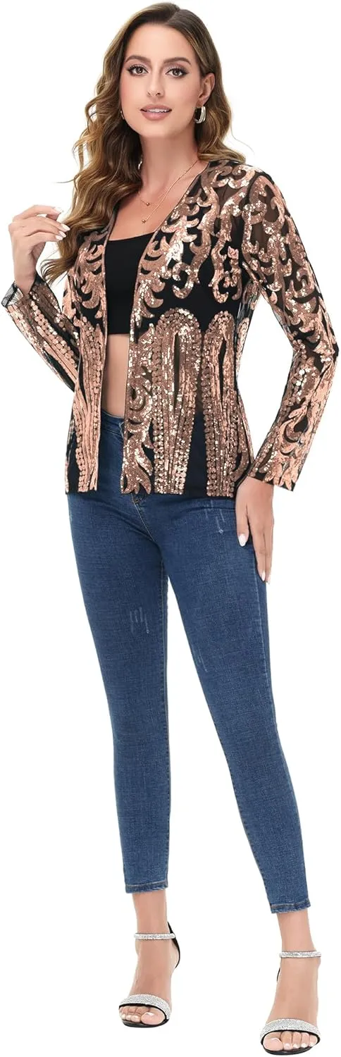 Anna-Kaci Women's Sparkly Sequin Cardigan Long Sleeve Open Front Glitter Party Evening Jacket