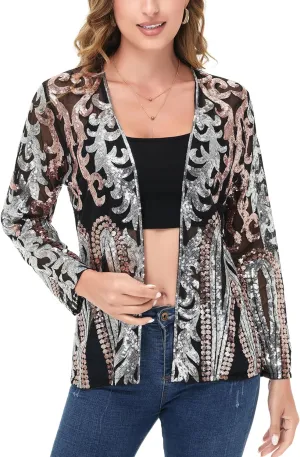 Anna-Kaci Women's Sparkly Sequin Cardigan Long Sleeve Open Front Glitter Party Evening Jacket