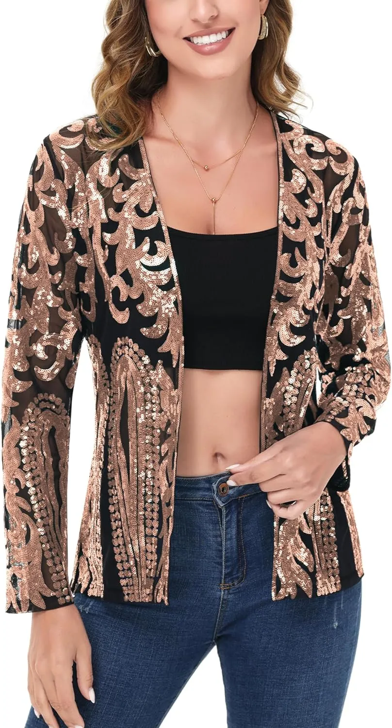Anna-Kaci Women's Sparkly Sequin Cardigan Long Sleeve Open Front Glitter Party Evening Jacket