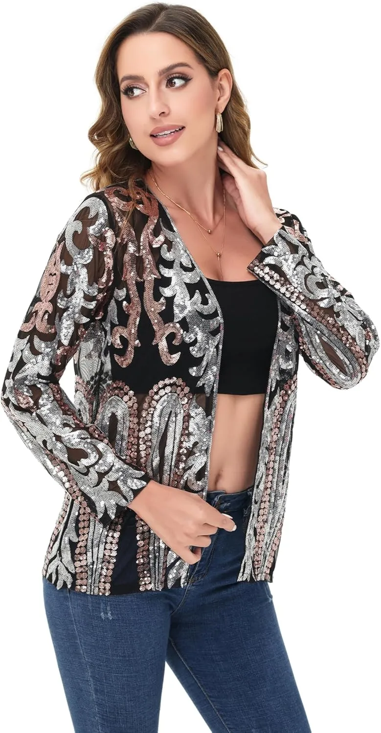 Anna-Kaci Women's Sparkly Sequin Cardigan Long Sleeve Open Front Glitter Party Evening Jacket