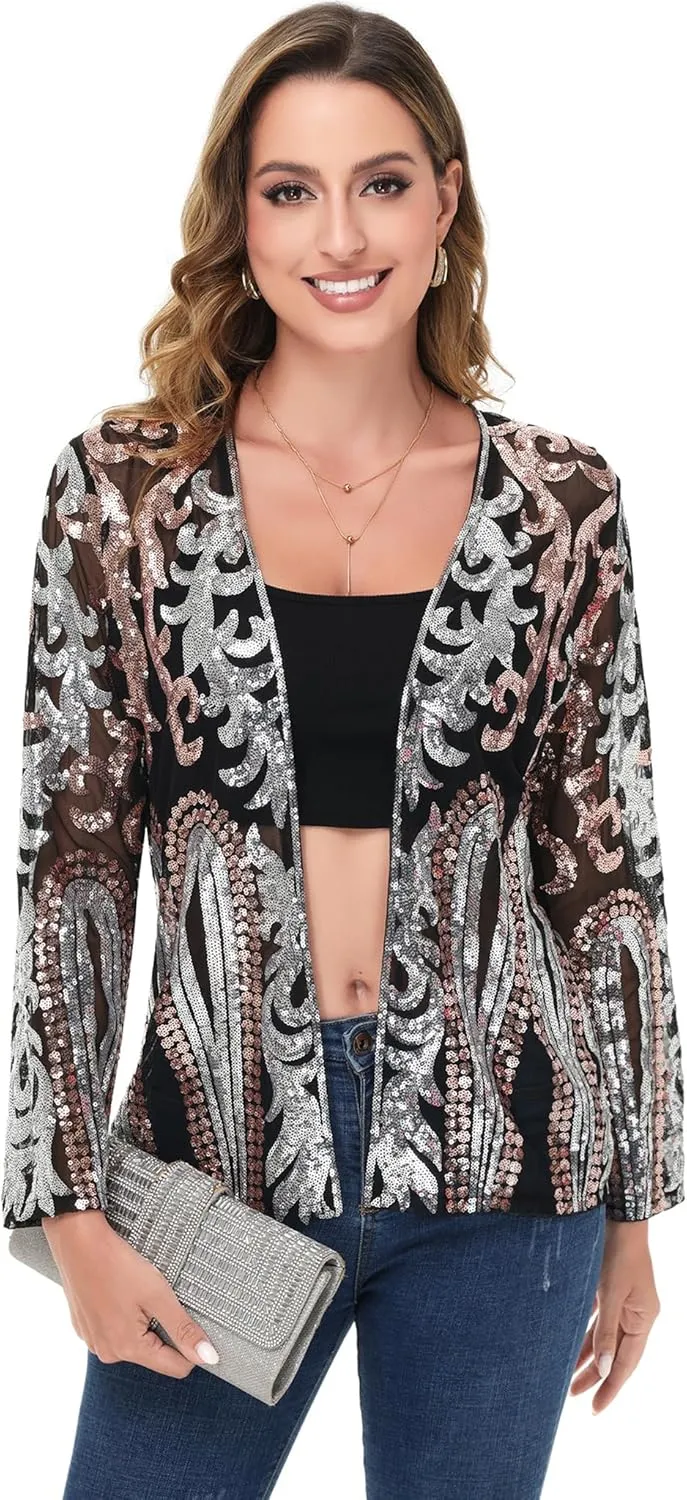 Anna-Kaci Women's Sparkly Sequin Cardigan Long Sleeve Open Front Glitter Party Evening Jacket