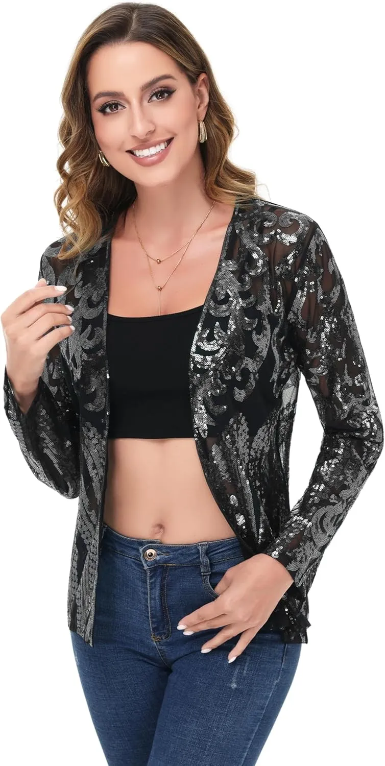 Anna-Kaci Women's Sparkly Sequin Cardigan Long Sleeve Open Front Glitter Party Evening Jacket