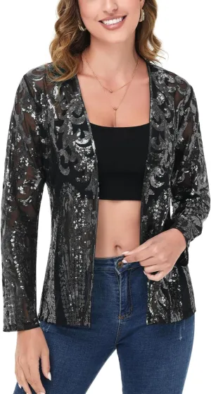 Anna-Kaci Women's Sparkly Sequin Cardigan Long Sleeve Open Front Glitter Party Evening Jacket