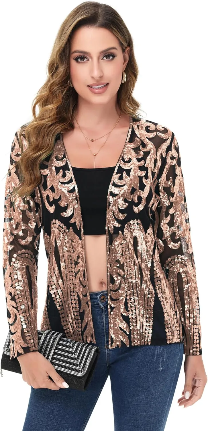 Anna-Kaci Women's Sparkly Sequin Cardigan Long Sleeve Open Front Glitter Party Evening Jacket