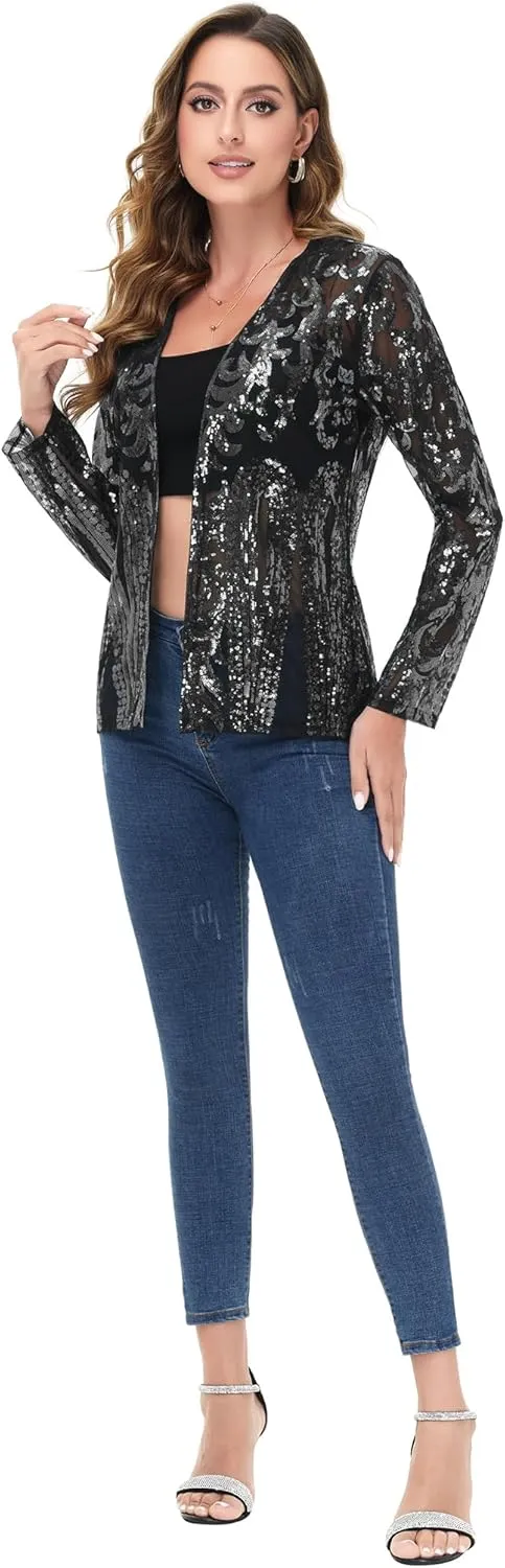 Anna-Kaci Women's Sparkly Sequin Cardigan Long Sleeve Open Front Glitter Party Evening Jacket