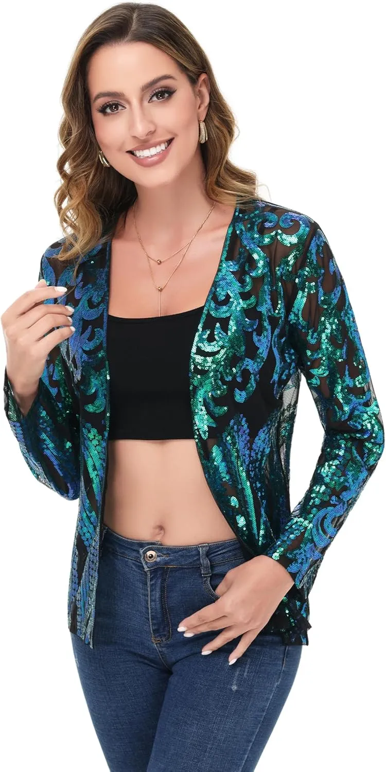 Anna-Kaci Women's Sparkly Sequin Cardigan Long Sleeve Open Front Glitter Party Evening Jacket