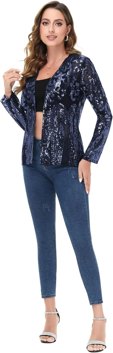 Anna-Kaci Women's Sparkly Sequin Cardigan Long Sleeve Open Front Glitter Party Evening Jacket