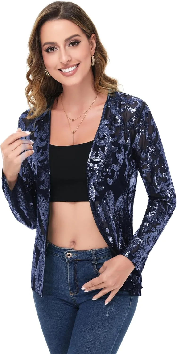 Anna-Kaci Women's Sparkly Sequin Cardigan Long Sleeve Open Front Glitter Party Evening Jacket