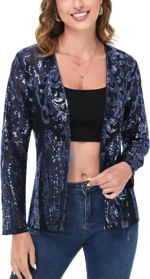 Anna-Kaci Women's Sparkly Sequin Cardigan Long Sleeve Open Front Glitter Party Evening Jacket