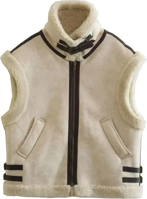 APAFES Womens Winter Fur Suede Vest Stand Collar Sleeveless Fleece Shearling Jacket Coat