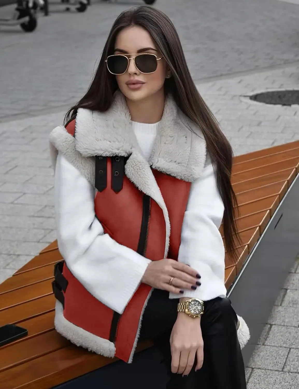 APAFES Womens Winter Fur Suede Vest Stand Collar Sleeveless Fleece Shearling Jacket Coat