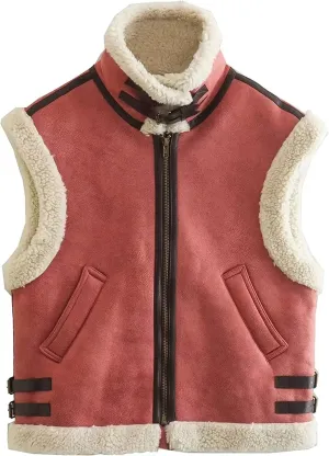 APAFES Womens Winter Fur Suede Vest Stand Collar Sleeveless Fleece Shearling Jacket Coat