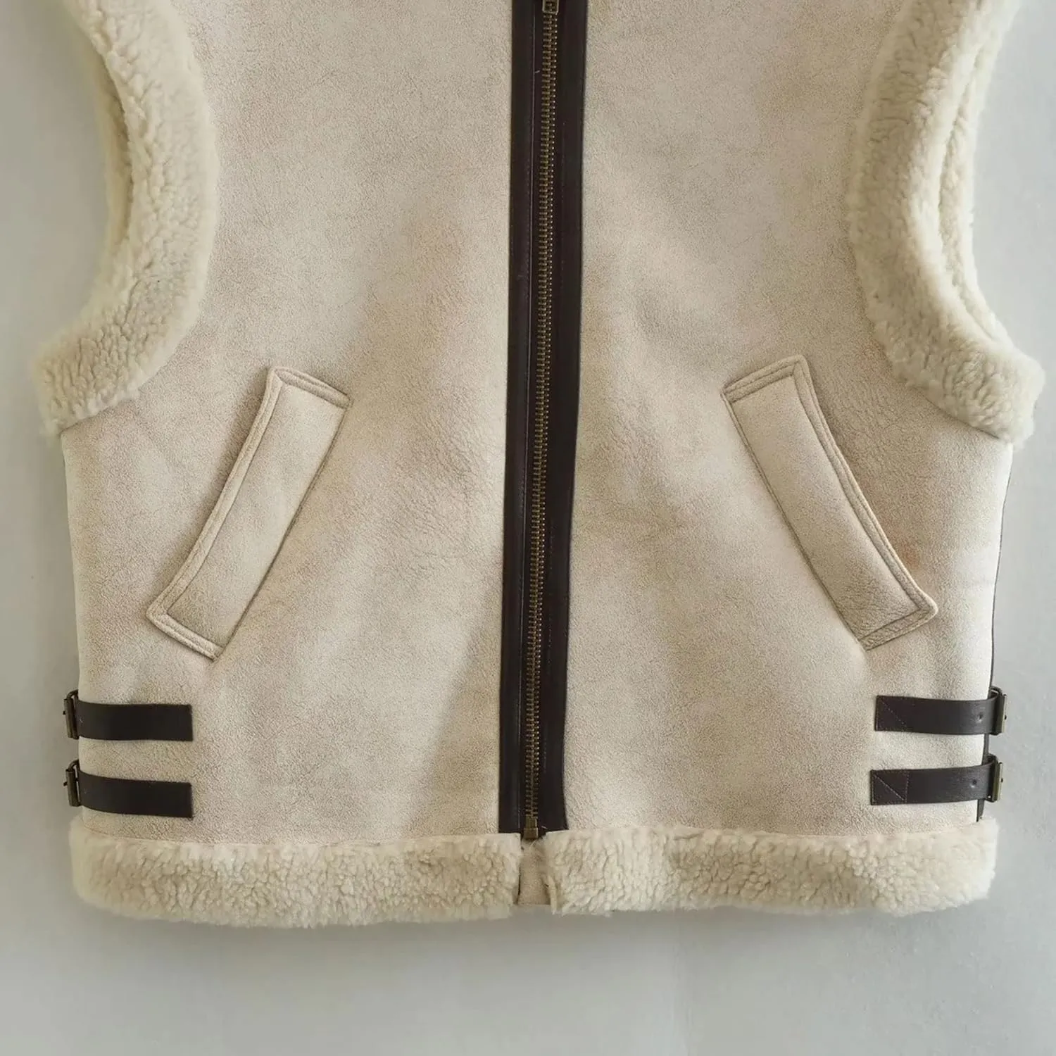 APAFES Womens Winter Fur Suede Vest Stand Collar Sleeveless Fleece Shearling Jacket Coat