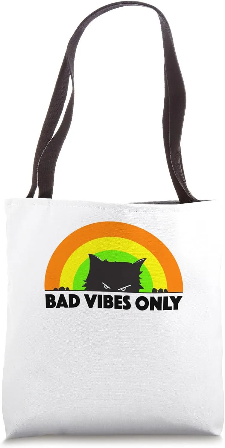 Bad Vibes Only - angry black cat retro rainbow - men, women Tote Bag