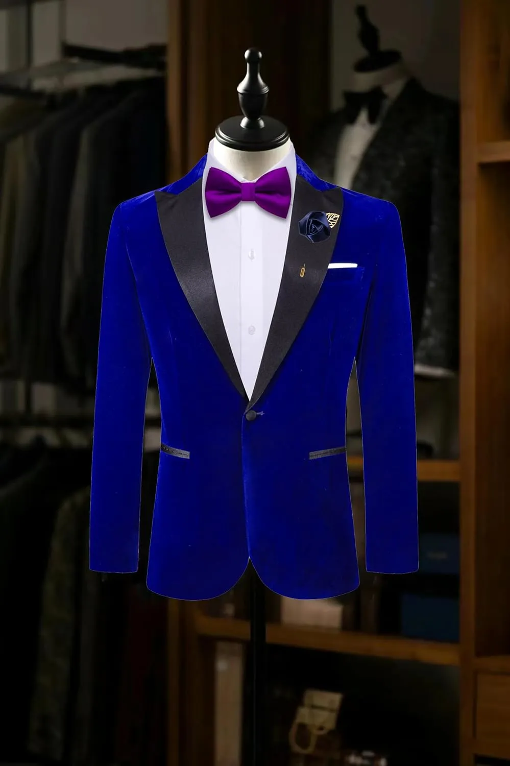 Barry.Wang Velvet Mens Blazer Mardi Gras Sport Coat Brooch Regular Fit Tuxedo Peaked Lapel Suit Jacket Carnival Parade