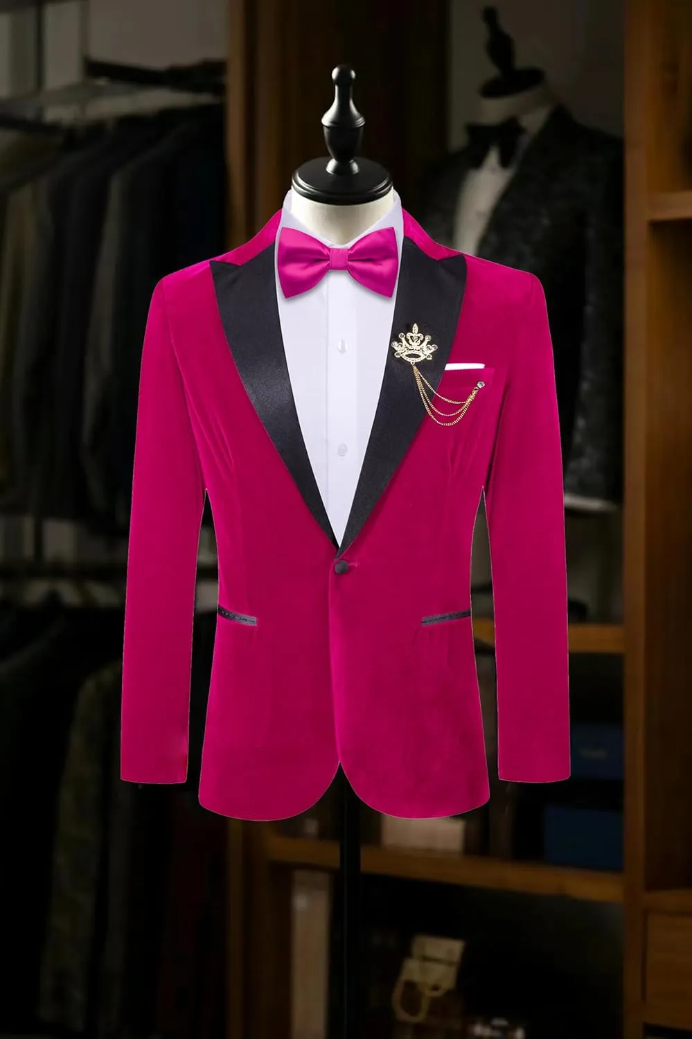 Barry.Wang Velvet Mens Blazer Mardi Gras Sport Coat Brooch Regular Fit Tuxedo Peaked Lapel Suit Jacket Carnival Parade