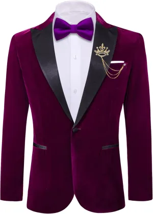 Barry.Wang Velvet Mens Blazer Mardi Gras Sport Coat Brooch Regular Fit Tuxedo Peaked Lapel Suit Jacket Carnival Parade