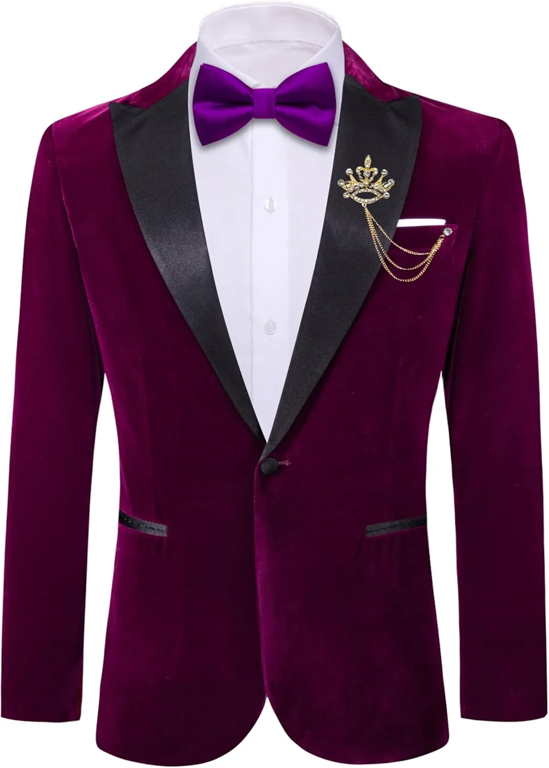 Barry.Wang Velvet Mens Blazer Mardi Gras Sport Coat Brooch Regular Fit Tuxedo Peaked Lapel Suit Jacket Carnival Parade