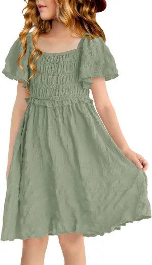 BesserBay Summer Girls Square Neck Smocked Short Sleeve Solid Midi Dress 5-14 Years