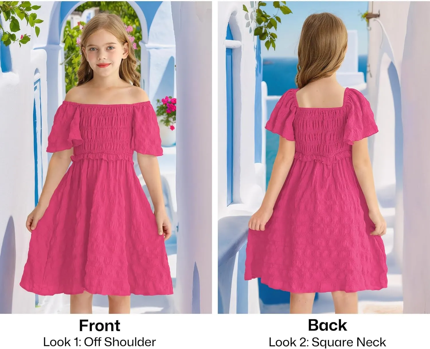 BesserBay Summer Girls Square Neck Smocked Short Sleeve Solid Midi Dress 5-14 Years