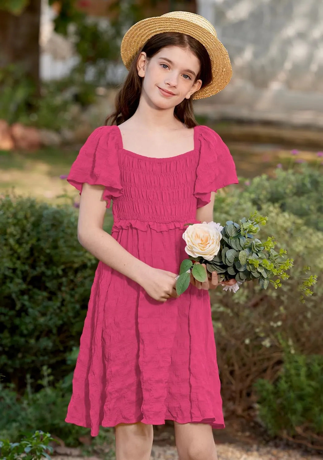 BesserBay Summer Girls Square Neck Smocked Short Sleeve Solid Midi Dress 5-14 Years