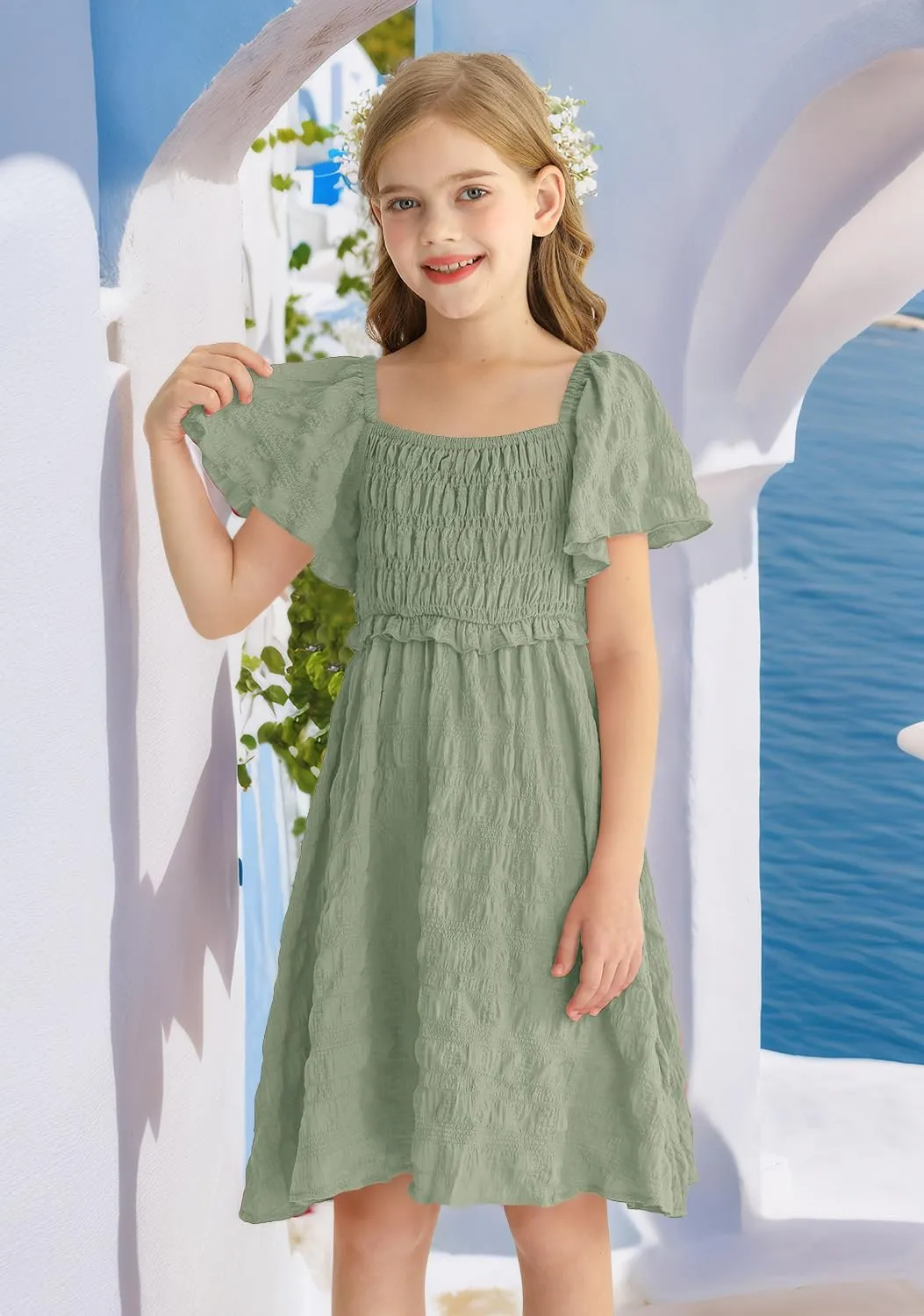 BesserBay Summer Girls Square Neck Smocked Short Sleeve Solid Midi Dress 5-14 Years