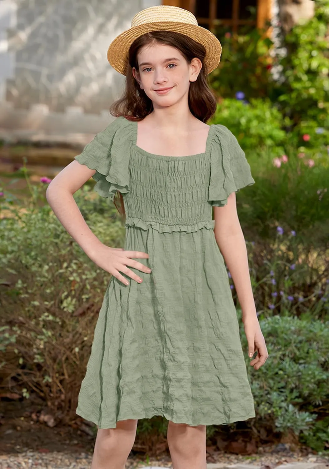 BesserBay Summer Girls Square Neck Smocked Short Sleeve Solid Midi Dress 5-14 Years