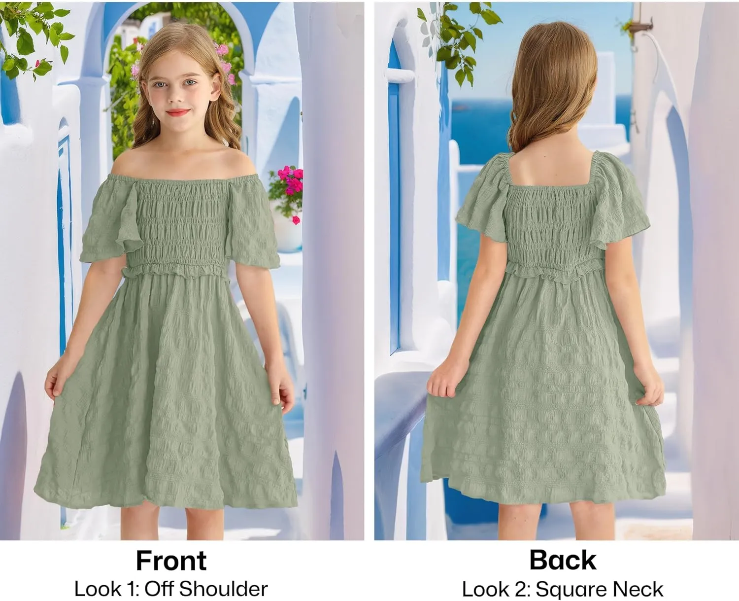 BesserBay Summer Girls Square Neck Smocked Short Sleeve Solid Midi Dress 5-14 Years