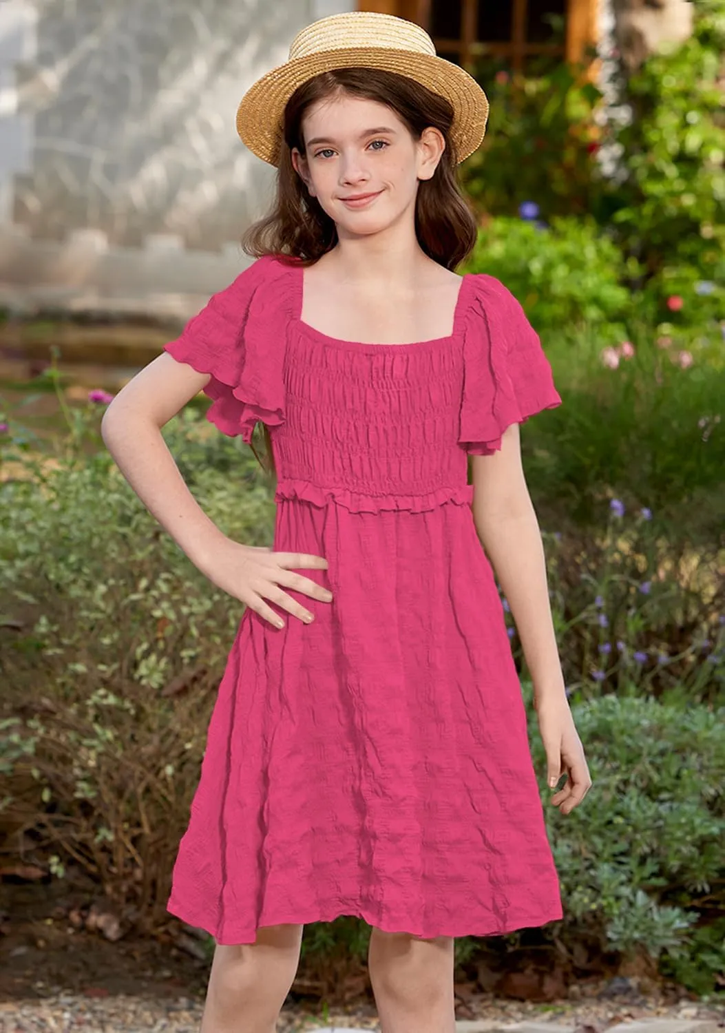 BesserBay Summer Girls Square Neck Smocked Short Sleeve Solid Midi Dress 5-14 Years