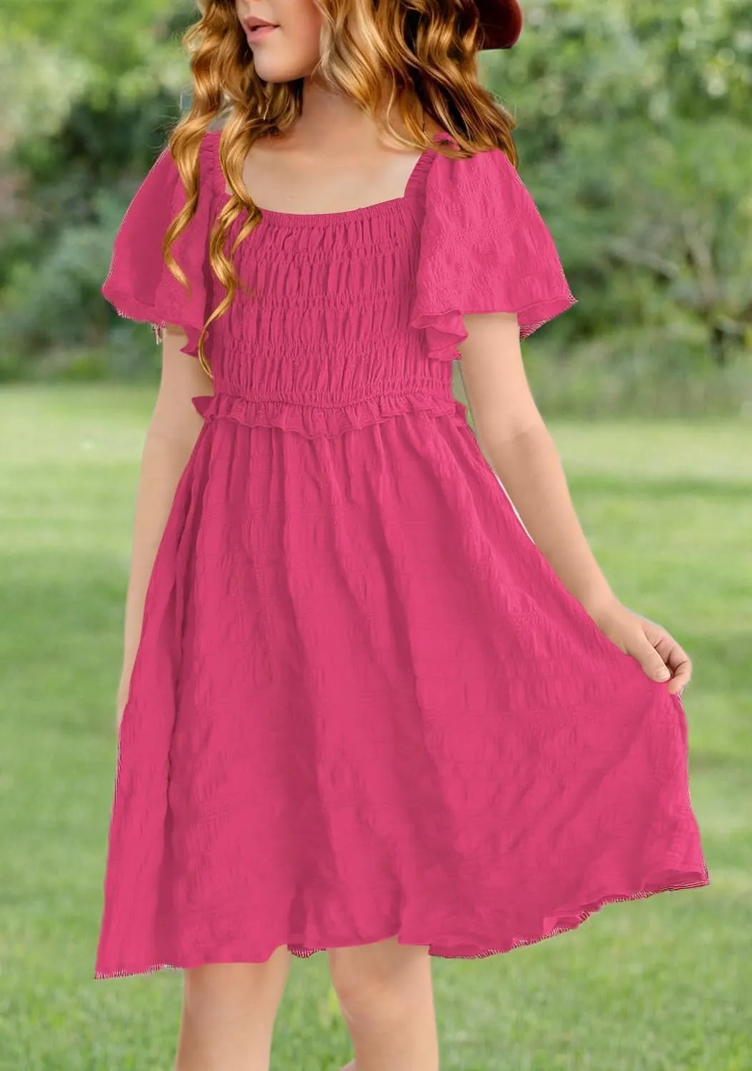 BesserBay Summer Girls Square Neck Smocked Short Sleeve Solid Midi Dress 5-14 Years