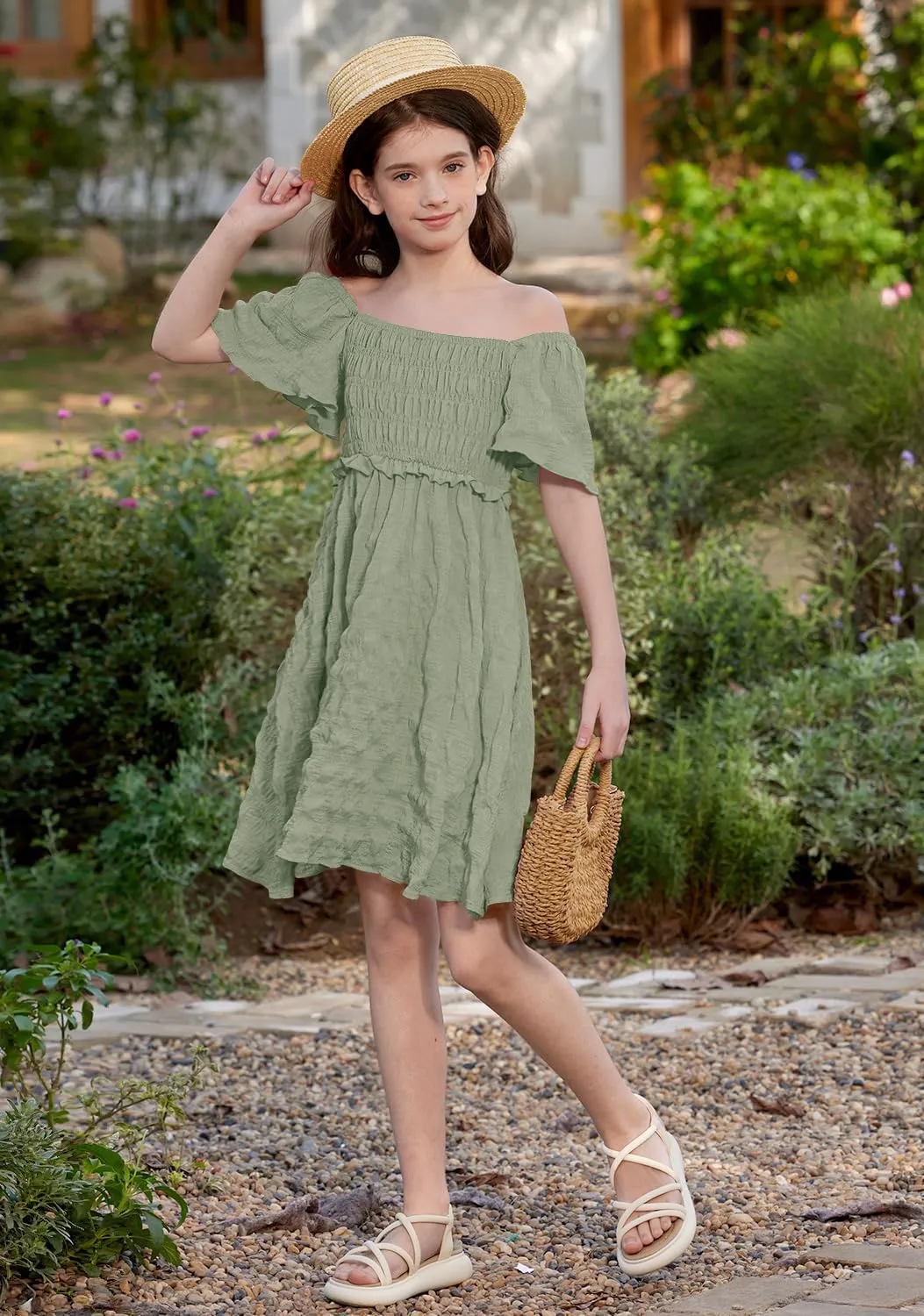 BesserBay Summer Girls Square Neck Smocked Short Sleeve Solid Midi Dress 5-14 Years