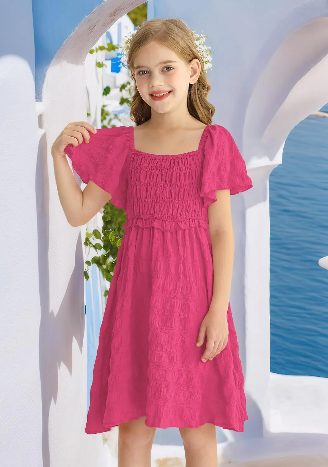 BesserBay Summer Girls Square Neck Smocked Short Sleeve Solid Midi Dress 5-14 Years