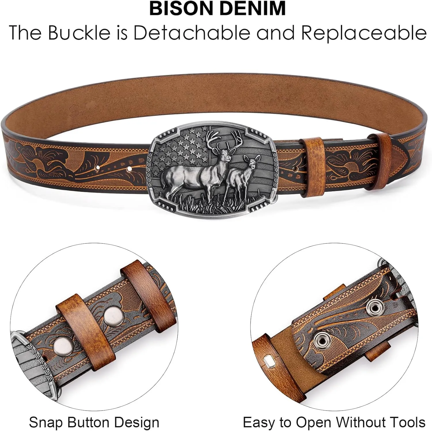 BISON DENIM Western Cowboy Leather Belt for Men Women Cowgirl, Mens Buckle Belt for Jeans, Country Belt, Men's Gifts
