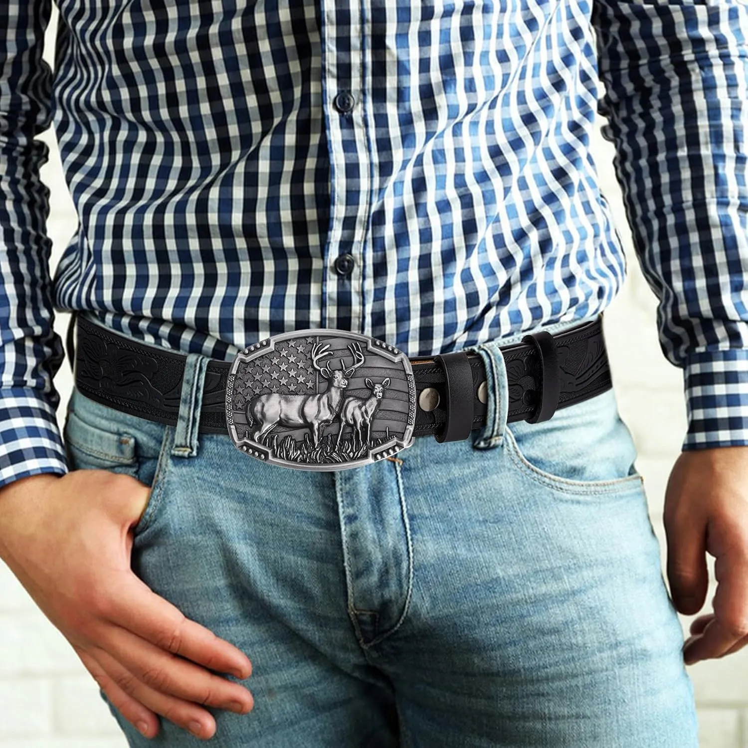 BISON DENIM Western Cowboy Leather Belt for Men Women Cowgirl, Mens Buckle Belt for Jeans, Country Belt, Men's Gifts
