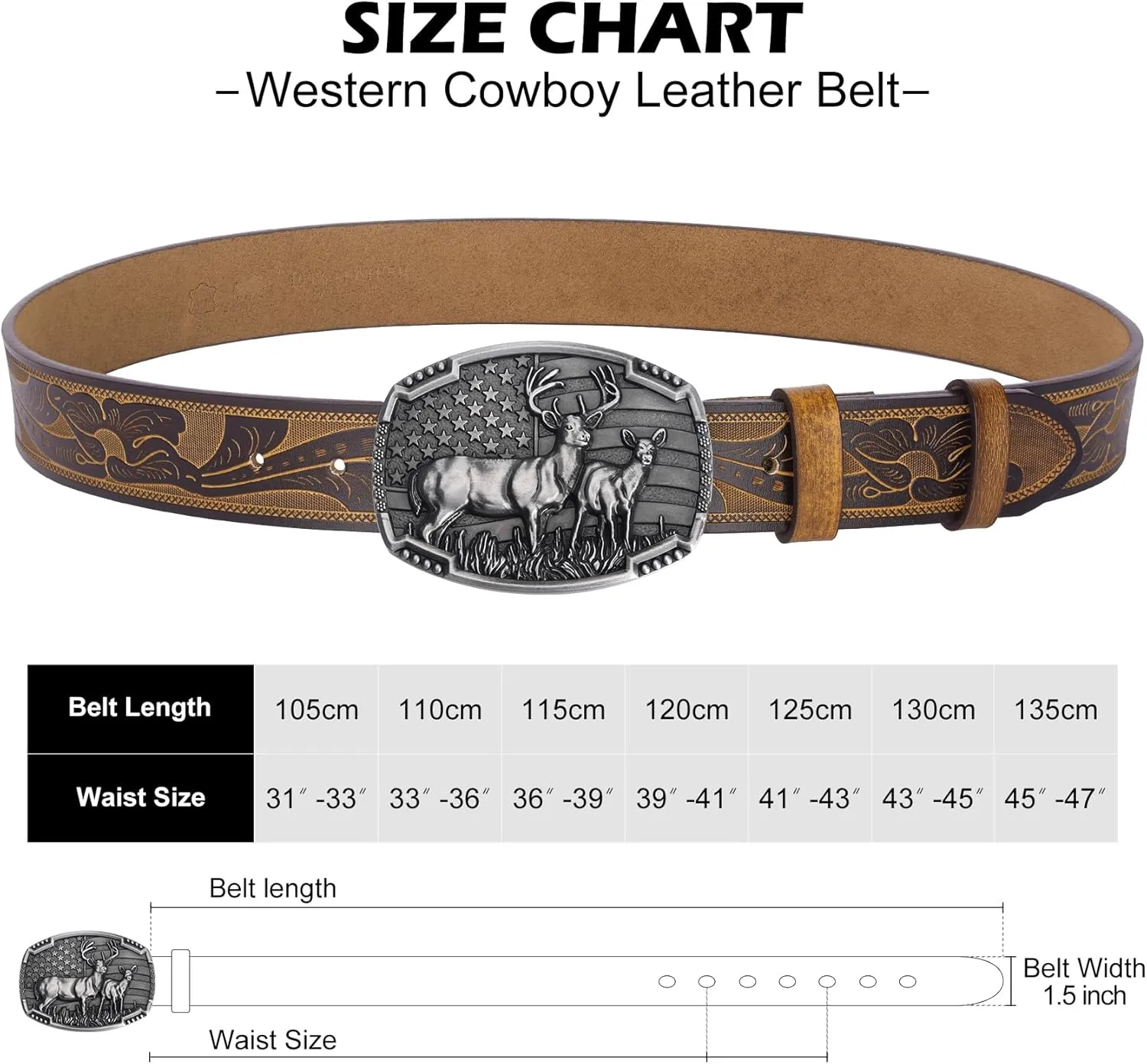 BISON DENIM Western Cowboy Leather Belt for Men Women Cowgirl, Mens Buckle Belt for Jeans, Country Belt, Men's Gifts