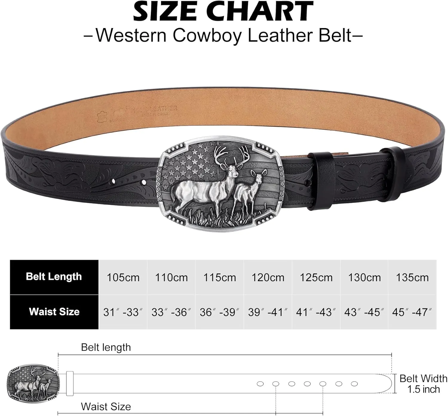 BISON DENIM Western Cowboy Leather Belt for Men Women Cowgirl, Mens Buckle Belt for Jeans, Country Belt, Men's Gifts