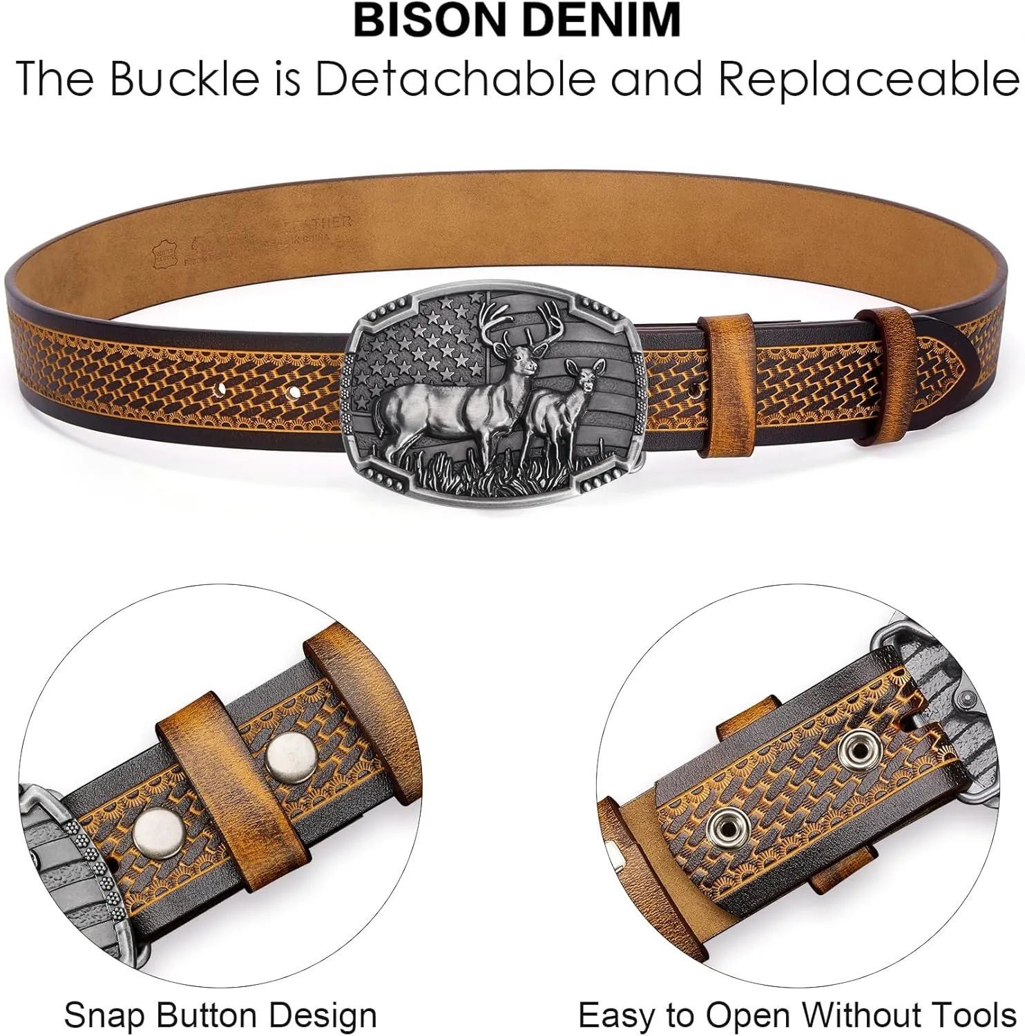 BISON DENIM Western Cowboy Leather Belt for Men Women Cowgirl, Mens Buckle Belt for Jeans, Country Belt, Men's Gifts