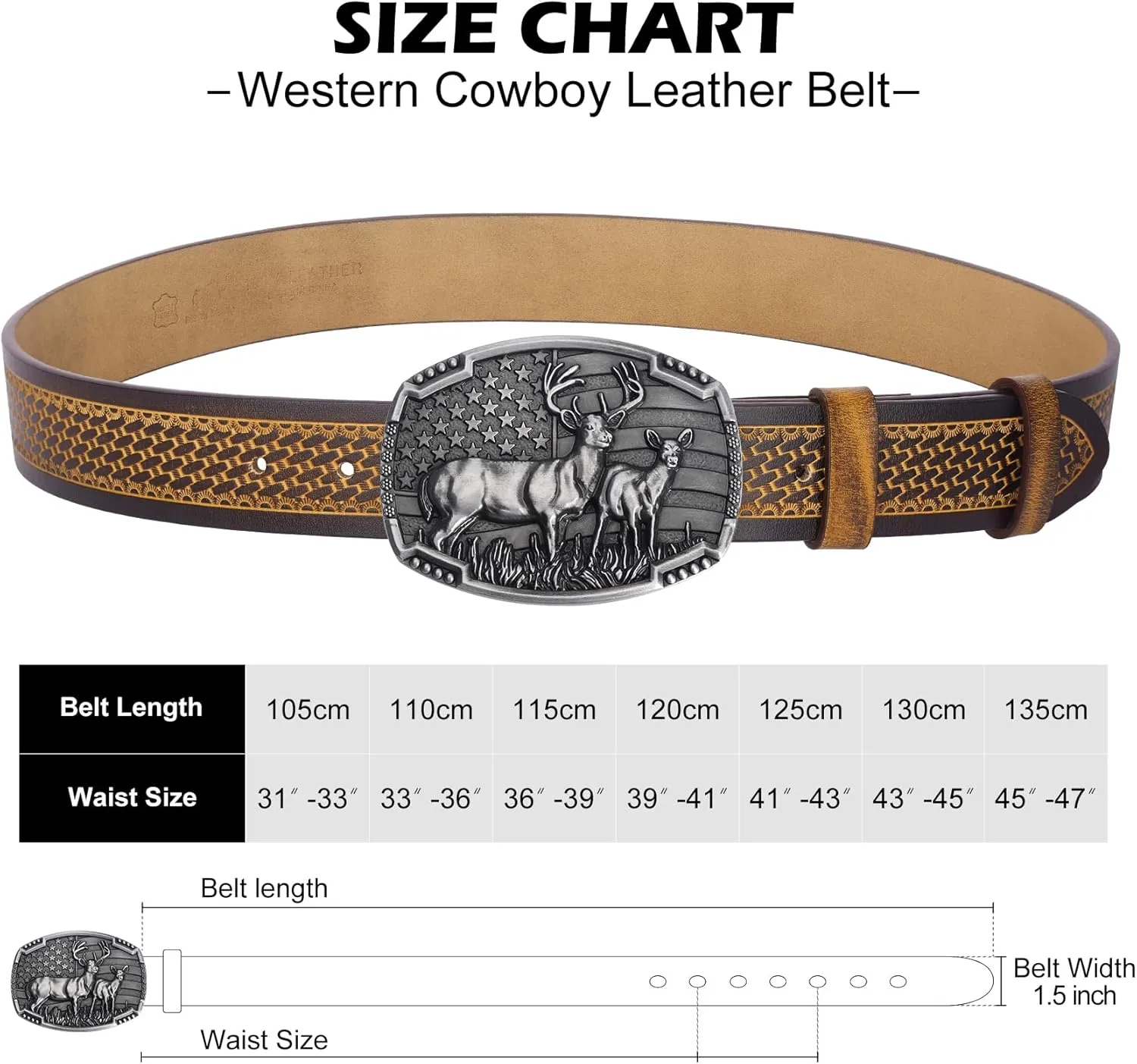 BISON DENIM Western Cowboy Leather Belt for Men Women Cowgirl, Mens Buckle Belt for Jeans, Country Belt, Men's Gifts