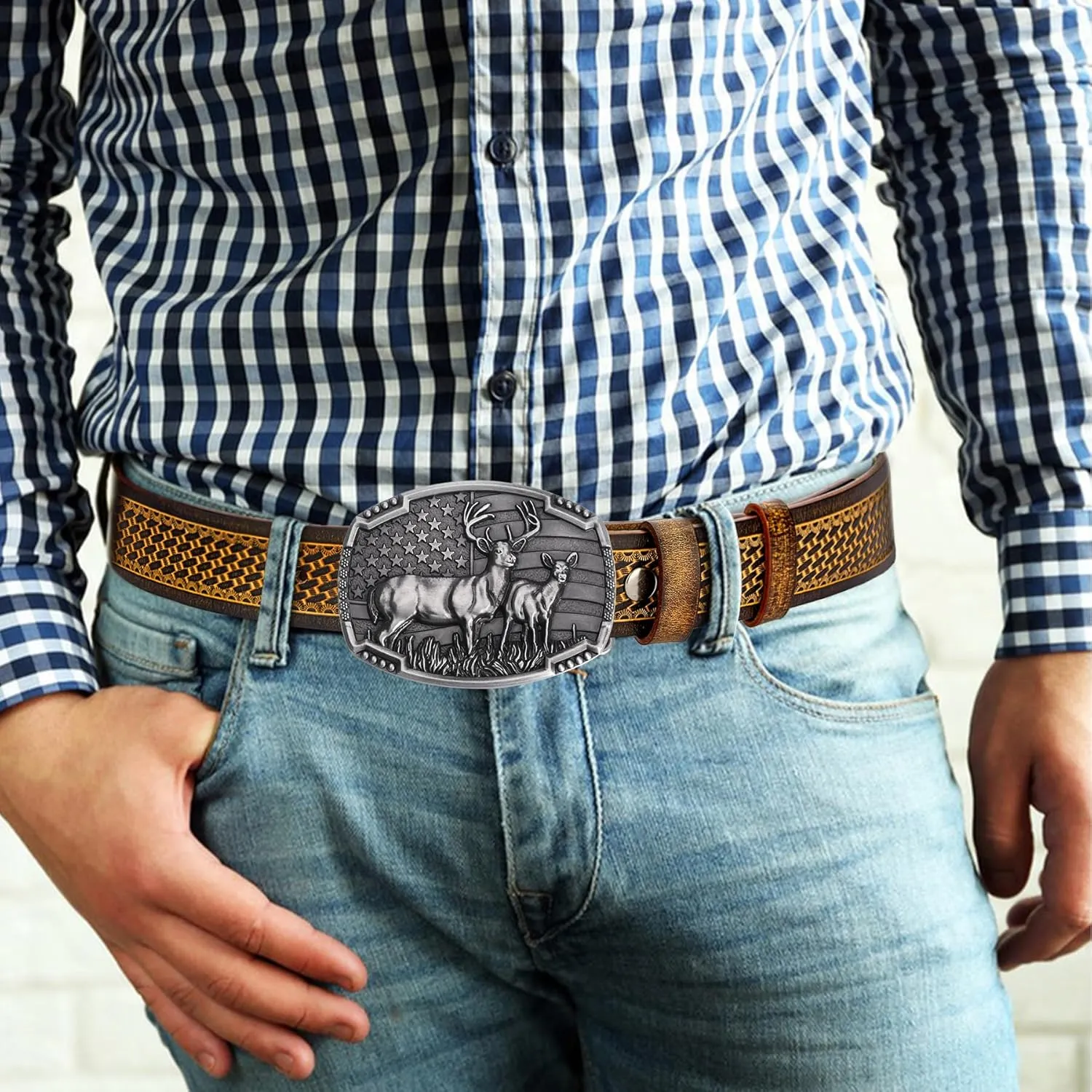 BISON DENIM Western Cowboy Leather Belt for Men Women Cowgirl, Mens Buckle Belt for Jeans, Country Belt, Men's Gifts