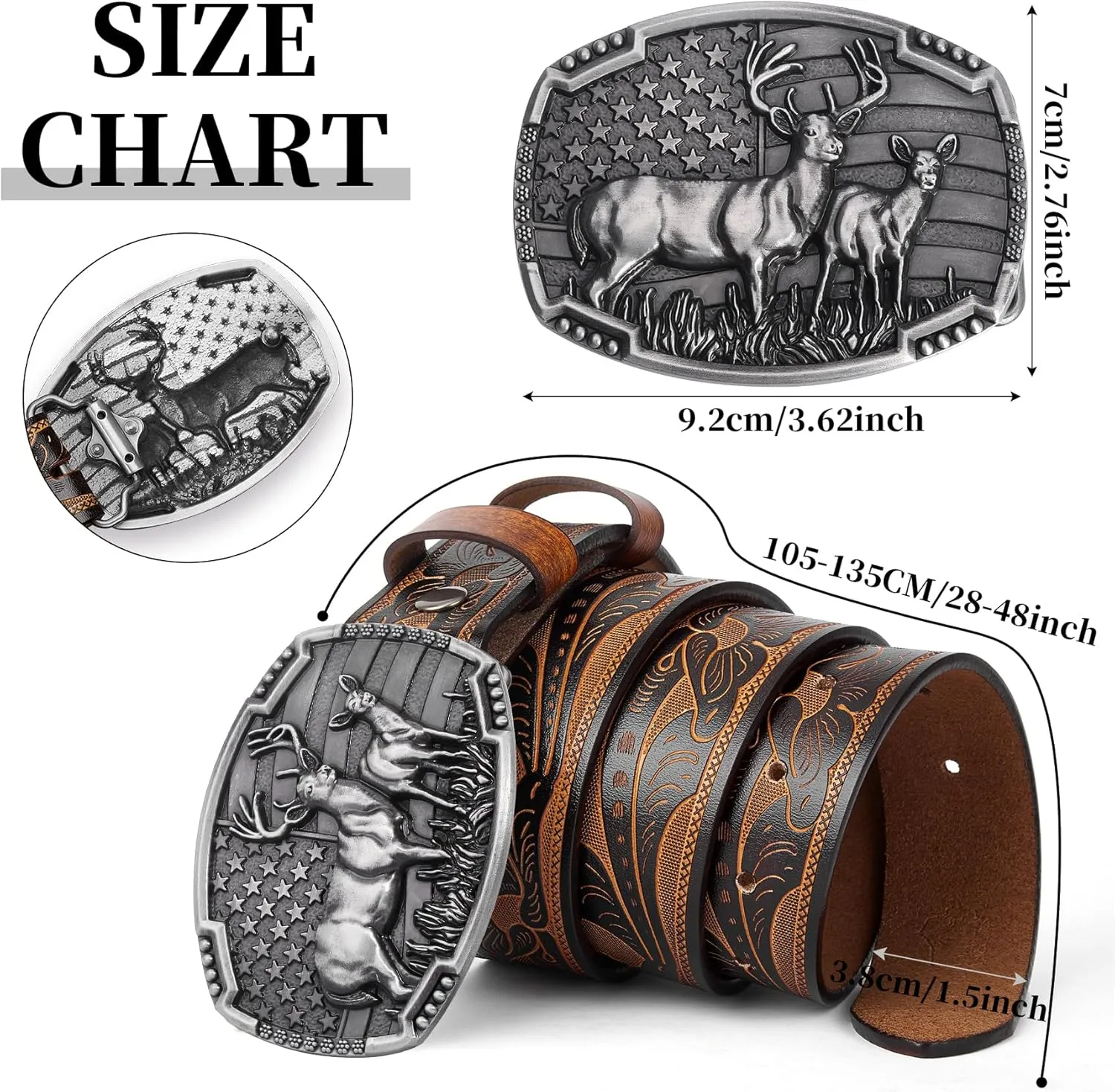 BISON DENIM Western Cowboy Leather Belt for Men Women Cowgirl, Mens Buckle Belt for Jeans, Country Belt, Men's Gifts