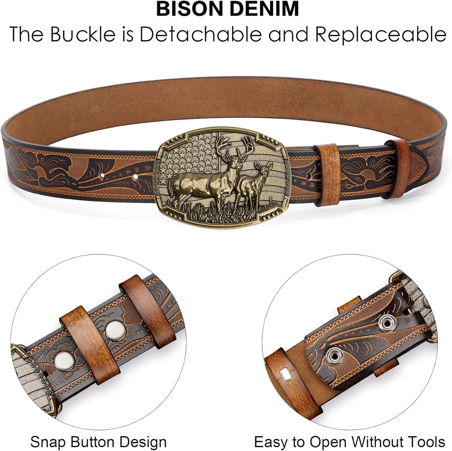BISON DENIM Western Cowboy Leather Belt for Men Women Cowgirl, Mens Buckle Belt for Jeans, Country Belt, Men's Gifts