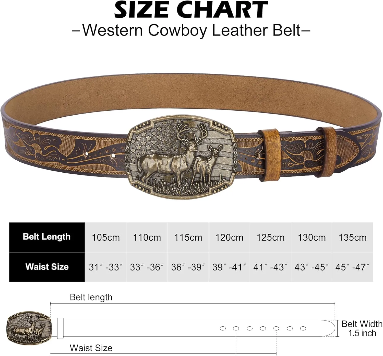BISON DENIM Western Cowboy Leather Belt for Men Women Cowgirl, Mens Buckle Belt for Jeans, Country Belt, Men's Gifts