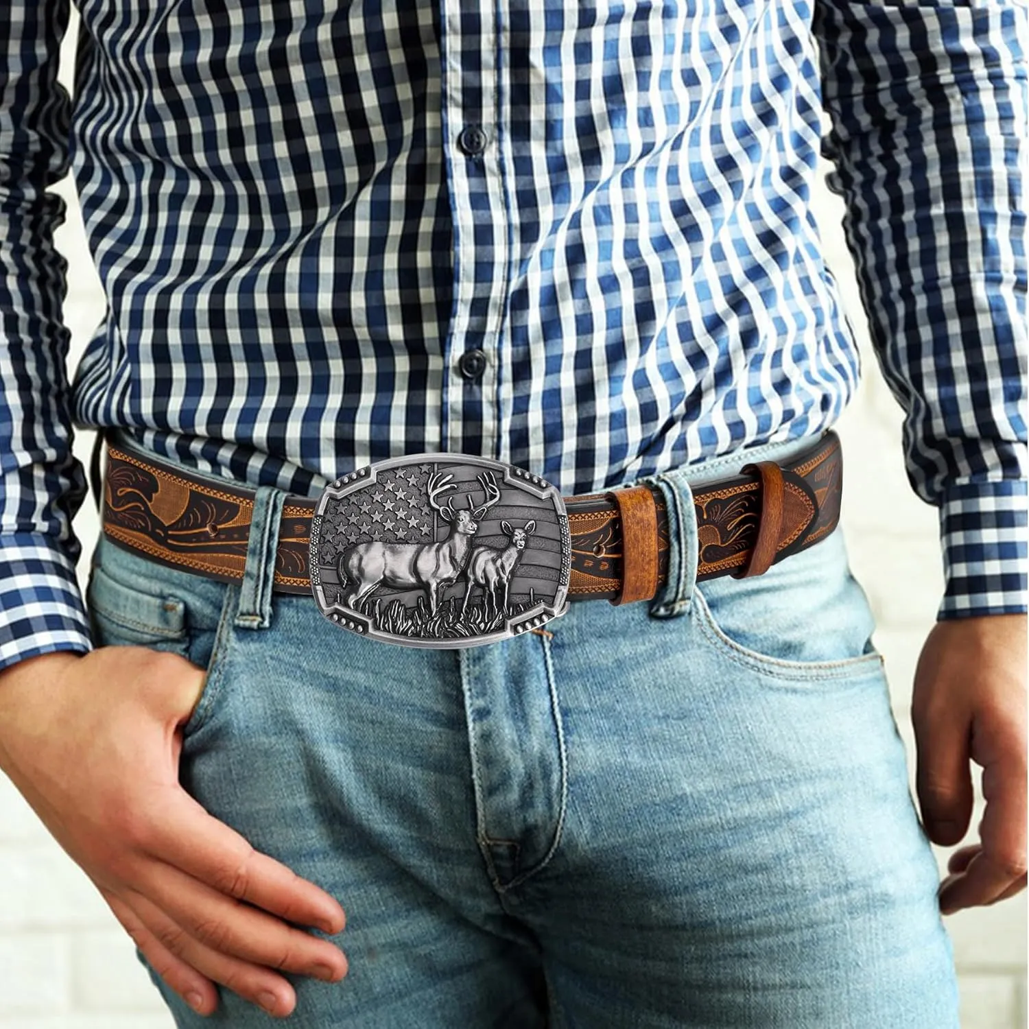 BISON DENIM Western Cowboy Leather Belt for Men Women Cowgirl, Mens Buckle Belt for Jeans, Country Belt, Men's Gifts