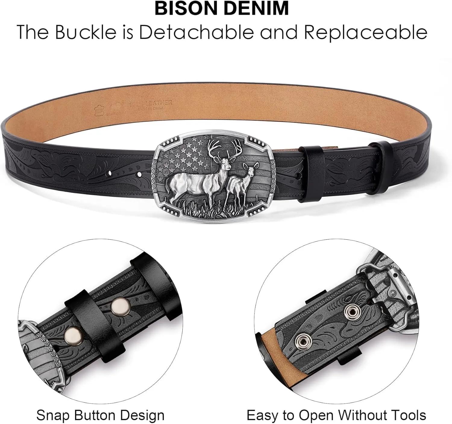 BISON DENIM Western Cowboy Leather Belt for Men Women Cowgirl, Mens Buckle Belt for Jeans, Country Belt, Men's Gifts