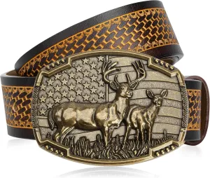 BISON DENIM Western Cowboy Leather Belt for Men Women Cowgirl, Mens Buckle Belt for Jeans, Country Belt, Men's Gifts